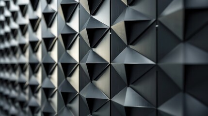 Screen wall composed of interlocking pyramidal units made from matte black aluminum, providing a geometric and modern privacy solution