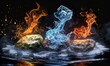 © Olexiy Vasilyuk - a realistic photo of the four elements, water in shape of wave and fire on top of rock with flame, air as wind around it, earth under them
