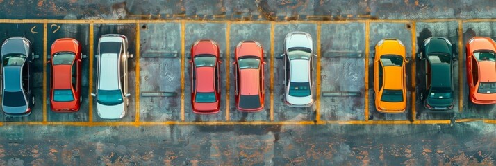 Aerial top view of parking lot with many cars from above, transportation and urban concept