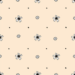 Wall Mural - Simple floral geometric vector seamless pattern. White small flowers, dots on a light beige-pink background. For prints on fabrics, textiles, packaging. For men's shirts.