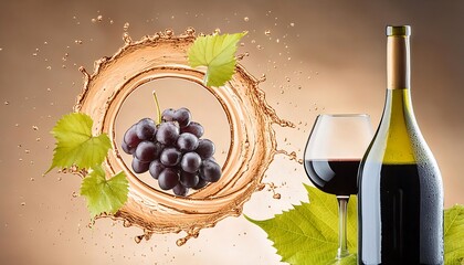 Wall Mural - photography of circular wine splash swirl, grapes and wine bottle