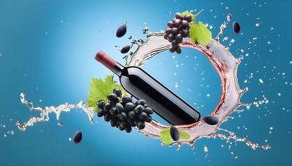 Wall Mural - photography of circular wine splash swirl, grapes and wine bottle floating isolated black background.