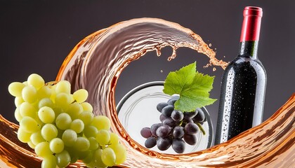 Wall Mural - photography of circular wine splash swirl, grapes and wine bottle floating isolated black background.