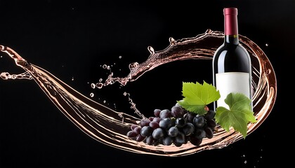 Wall Mural - photography of circular wine splash swirl, grapes and wine bottle floating isolated black background.