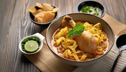 Wall Mural - Khao-soi, Thai northern dish of noodle in curry soup with a chicken