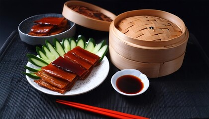 Wall Mural - Peking Duck , square thin grilled duck skins neatly put on dish , sided with cut scallion 