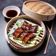 Wall Mural - Peking Duck , square thin grilled duck skins neatly put on dish , sided with cut scallion 