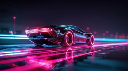 Wall Mural - A car with neon lights on it is driving down a road