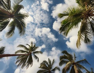 Wall Mural - Clouds covered in the sky, coconut tree and branches, bottom view