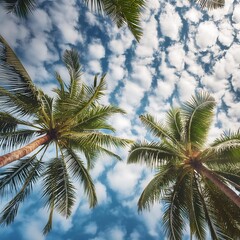 Wall Mural - Clouds covered in the sky, coconut tree and branches, bottom view