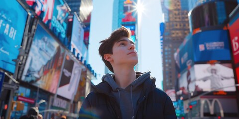 Tourists standing in Times Square, looking up at billboards. The sun is shining and the scene is bright, and the city is bustling with people enjoying their time in New York. Travel concept. 