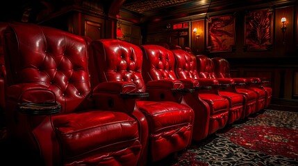 Wall Mural - Traditional movie theater with a row of red leather seats, classic, luxurious