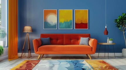 Poster - Small Rug. Stylish Living Room with Bright Colours and Modern Furniture for a Cosy Apartment