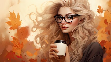 Poster - Beautiful blonde woman with glasses drinking coffee surrounded by autumn leaves