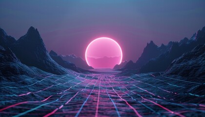 Wall Mural - A pink sun is in the sky above a mountain range