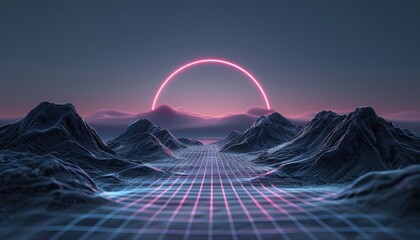 Wall Mural - A glowing red circle is in the center of a mountain range