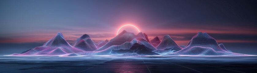 Wall Mural - A mountain range with a glowing sun in the sky
