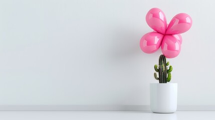 Minimalistic cactus plant with vibrant pink balloon flower in white pot on clean background. Artistic and playful combination of nature and artificial elements. Colorful decor idea. AI