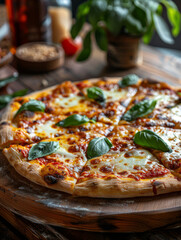 Wall Mural - Close-up of a freshly baked margherita pizza with basil leaves.