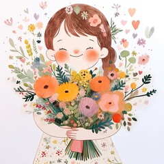 Sticker - a drawing of a girl holding a bouquet of flowers