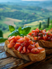 Wall Mural - Bruschetta with tomatoes and basil on wooden board with scenic background.