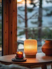 Wall Mural - Lit candles on a wooden table with a cozy backdrop at dusk.