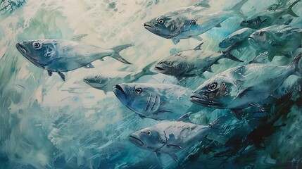 Wall Mural - Silvery bluefish swimming in a school, dynamic, detailed, ocean, vibrant.
