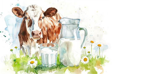 A jug and a glass of milk, a cow in the background, a watercolor illustration.