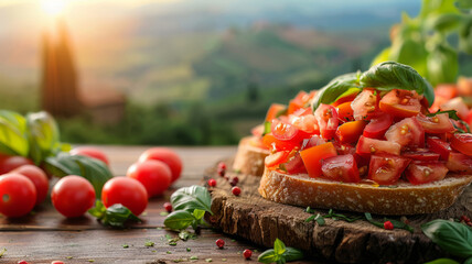 Bruschetta with fresh tomatoes and basil on wooden board, summer garden.