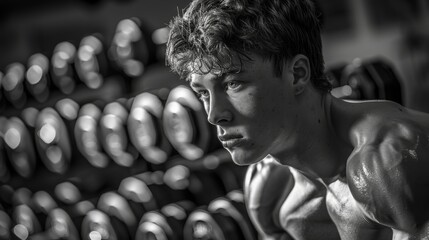 Canvas Print - With determination etched on his face, a focused man in sportswear leans on a sports bench, his muscles