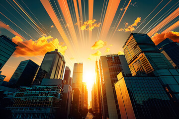 Wall Mural - City with sunburst background architecture cityscape building.