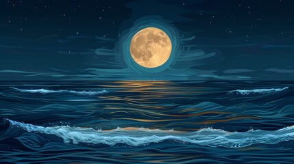 Wall Mural - Full moon reflecting on sea waves with dark sky background.