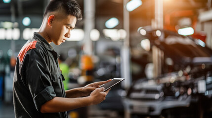 Young mechanic in a workshop using a digital tablet to diagnose a car, showcasing modern automotive repair technology and efficiency