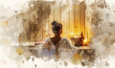 Poster - woman relaxing in a candle lit sauna steam 