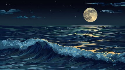 Wall Mural - Full moon reflecting on sea waves with dark sky background.