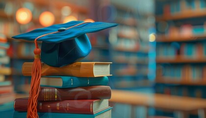 Graduation cap on a stack of books, academic theme, bright colors, realistic illustration