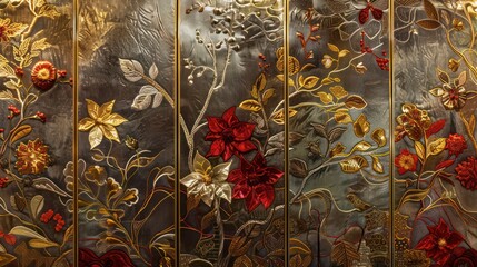 Wall Mural - Screen wall featuring panels of silk embroidered with fine gold and silver threads, providing an opulent texture and pattern that doubles as a work of art