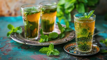 Moroccan mint tea in traditional glasses