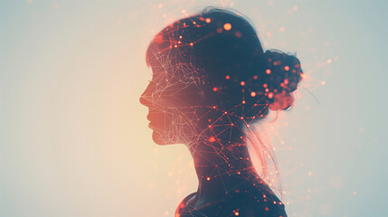 Wall Mural - Silhouette of a Woman with Digital Network Overlay and Glowing Points