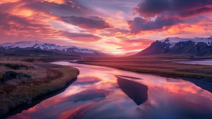 Wall Mural - majestic icelandic river winding through rugged mountains bathed in ethereal sunset light dramatic sky reflective water and untamed wilderness create aweinspiring scene