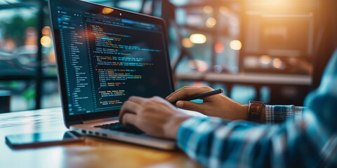 Wall Mural - software development concept. software engineer working on laptop