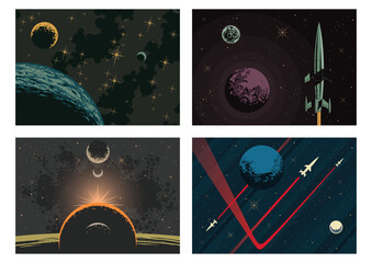 Wall Mural - Space Backgrounds, Planets, Stars, Nebulas. Retro Future Rockets and Spacecrafts. Colorful Vector Templates for Cosmic Illustrations, Covers, Posters