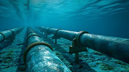 Underwater natural gas or oil pipelines with a valve on seabed shone by light rays. 3D illustration