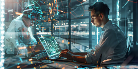 Digital technology, software development concept. Smart software engineer working on laptop