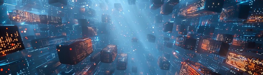 Futuristic digital data network with glowing blocks and binary code, representing technology, communication, and information exchange.