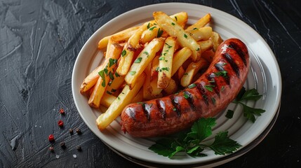 Wall Mural - Grilled sausages and French fries