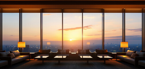 Poster - A large room with a view of the city and a sunset