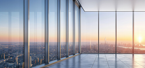 Poster - A large, empty room with a view of the city