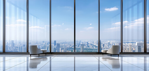Wall Mural - A large city view with a glass window and two white chairs