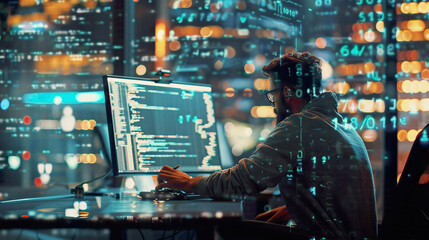 Man at computer coding script for cyber security software developer in office hyper-realistic depiction intricate details modern tech ambiance subtle illumination 